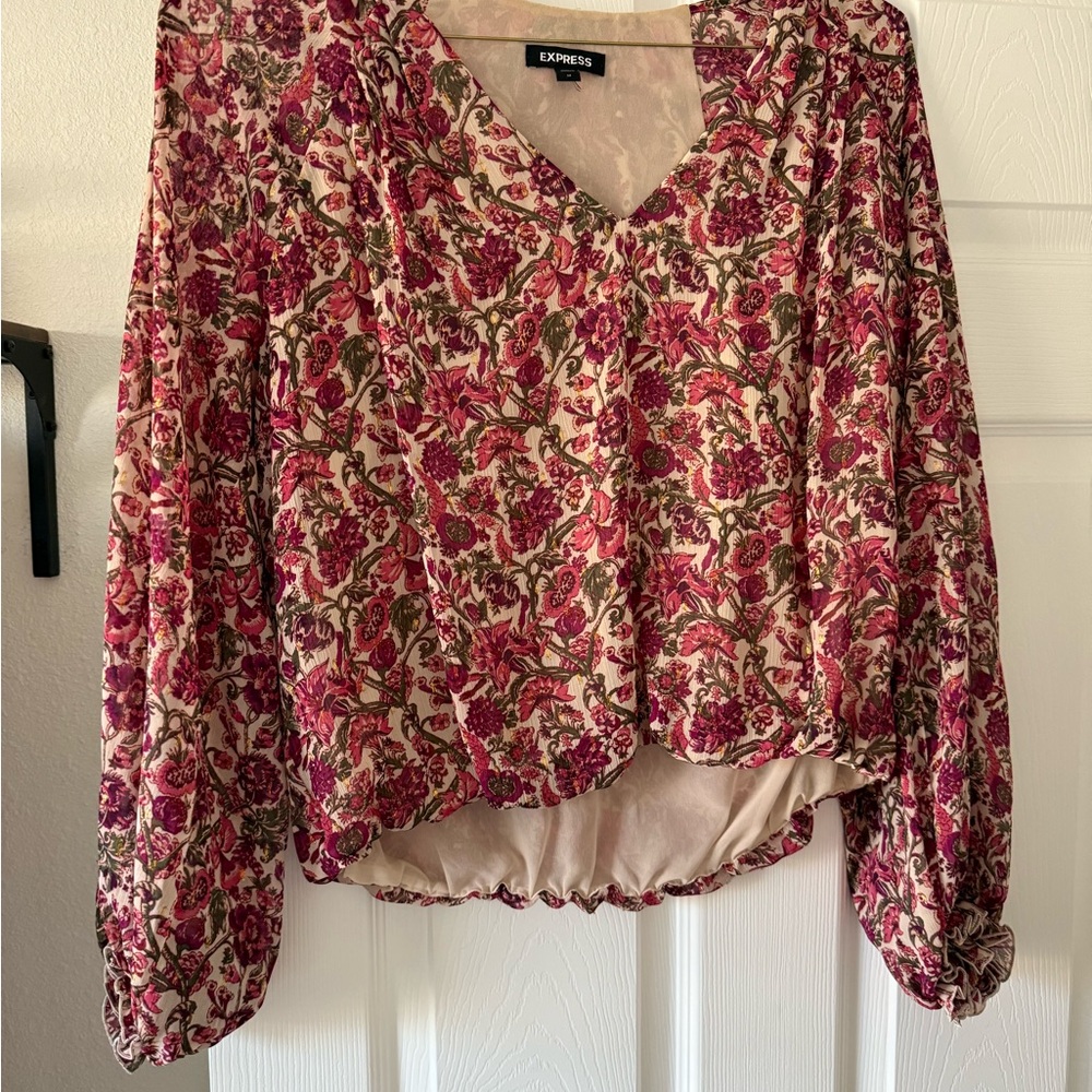 Express Women's Pink and Red Floral Blouse